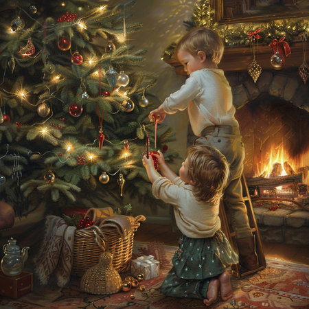 Little girl and boy decorating Christmas tree at home. Happy family concept.の素材
