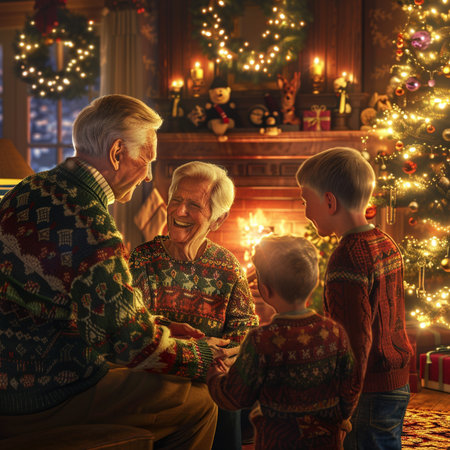 Happy grandparents with their grandchildren in front of a fireplace at home.の素材