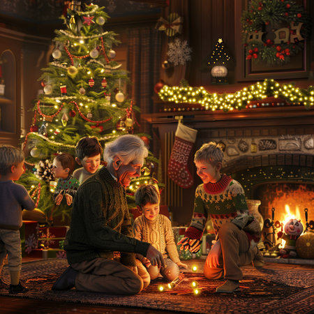 Happy family sitting on the floor in front of a fireplace in a cozy home decorated for Christmas.の素材