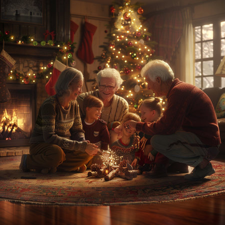 Grandparents with their grandchildren sitting on the floor in front of a Christmas treeの素材