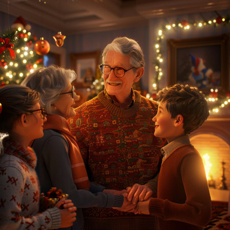 Grandfather with his grandchildren at home in front of the Christmas treeの素材