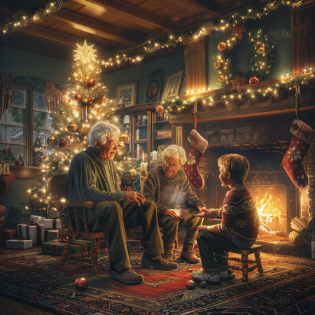 Grandparents with their grandchildren sitting by the fireplace at Christmas eve.の素材