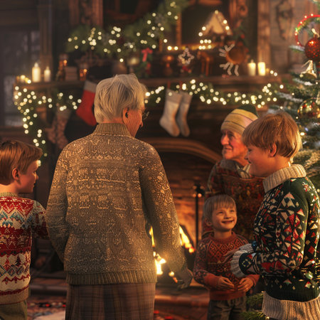 Grandmother with grandchildren in front of the fireplace at Christmas time.の素材