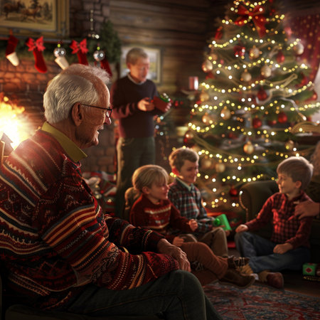 Grandfather and grandchildren sitting by the fireplace in a cozy living roomの素材