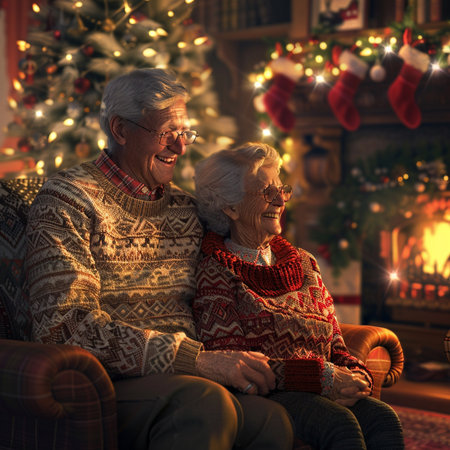 Happy senior couple sitting on sofa at home near christmas tree.の素材