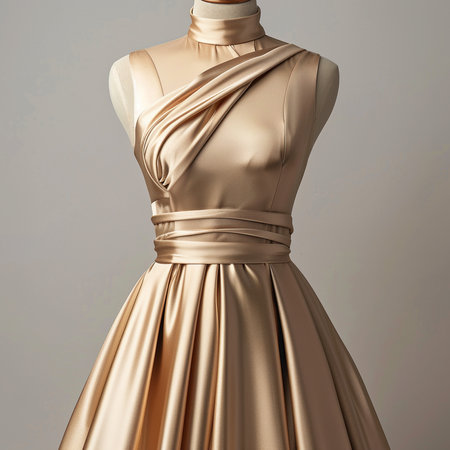 Gold wedding dress on a mannequin. 3d rendering.の素材
