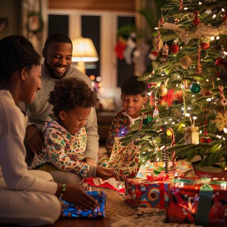 happy family opening christmas presents and decorating christmas tree at homeの素材