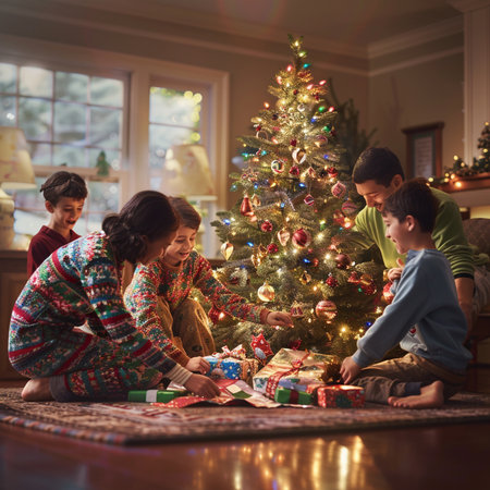 Happy family decorating Christmas tree in living room at home. They are opening presents and smilingの素材