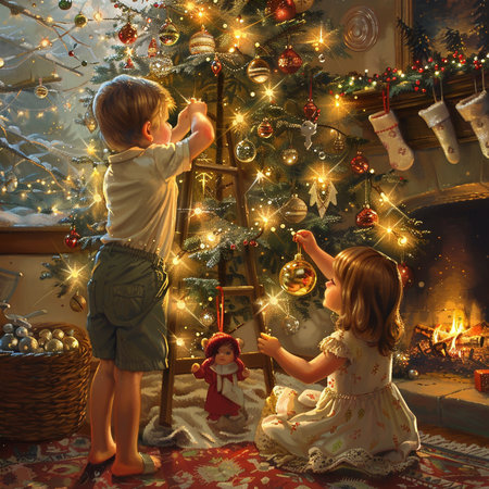 Cute little boy and girl decorating Christmas tree at home.の素材