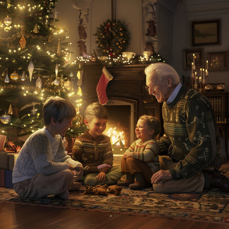 Grandfather with grandchildren sitting in front of a fireplace and Christmas treeの素材