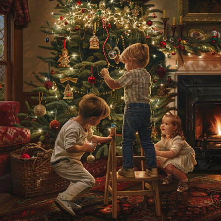 Children decorating a Christmas tree with baubles in a beautiful living roomの素材
