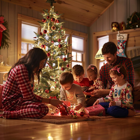 Happy family decorating Christmas tree at home. Mother, father and children presents opening. Winter holidays.の素材