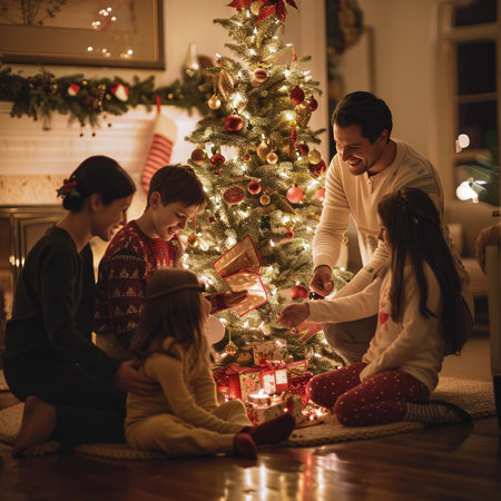 Happy family decorating Christmas tree at home. Young parents with their children.の素材