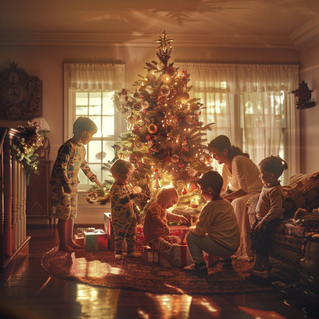 Happy family celebrating Christmas in the living room with a Christmas tree.の素材