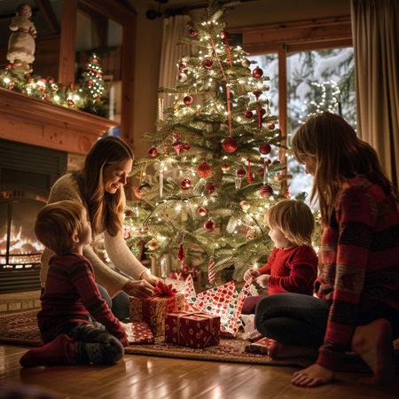 Happy family with two kids Christmas opening presents in front of fireplace at homeの素材