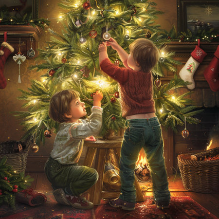 Little boy and girl decorating the Christmas tree with toys at homeの素材