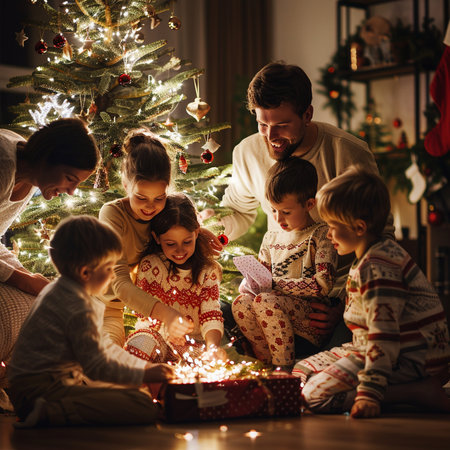 family, christmas, x-mas, winter, happiness and people concept - happy family opening gift box at homeの素材