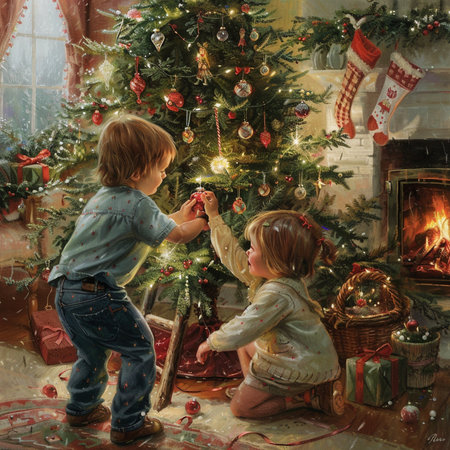 Children decorate the Christmas tree in a room with a fireplace.の素材