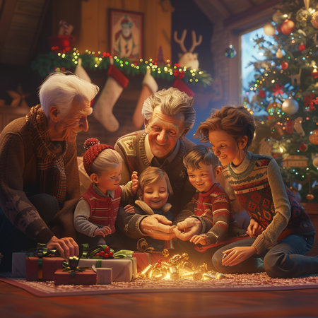 Portrait of happy family sitting on floor near christmas tree.の素材