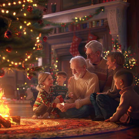 Grandfather with grandchildren sitting on the floor in front of the fireplaceの素材