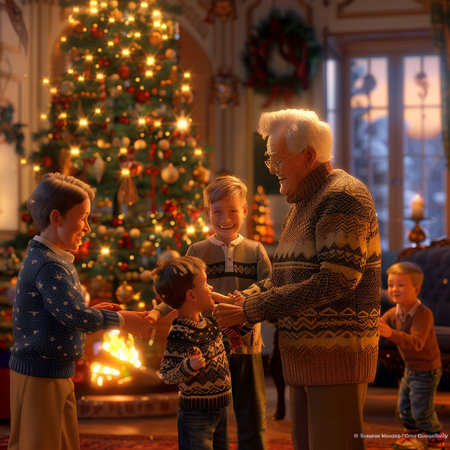 Grandfather and grandchildren decorate the Christmas tree in the living room.の素材