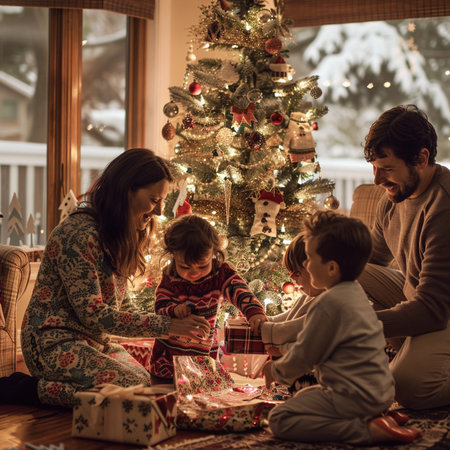 Happy family opening christmas presents in front of Christmas tree at homeの素材