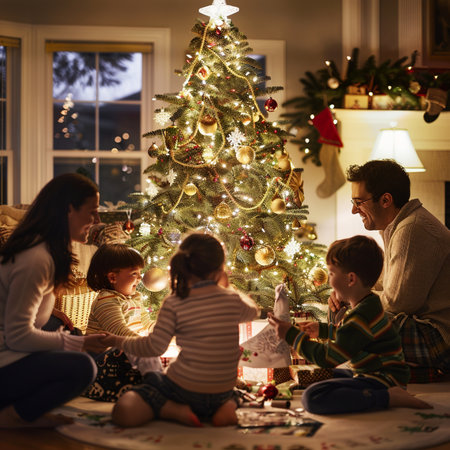 Happy family with children decorating Christmas tree in living room at homeの素材