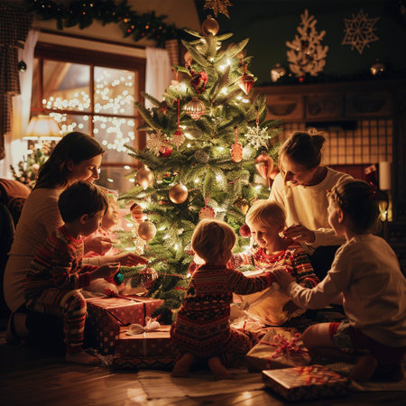 Happy family opening presents near Christmas tree at home. Parents with kids decorating Christmas tree.の素材