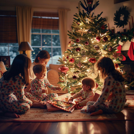 Happy family with kids decorating Christmas tree at home in the living roomの素材