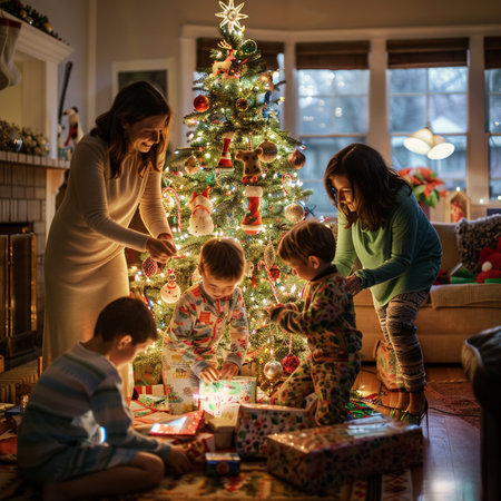 Happy family decorating a Christmas tree in their living room at homeの素材