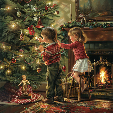Little boy and girl decorating a Christmas tree at home by the fireplaceの素材