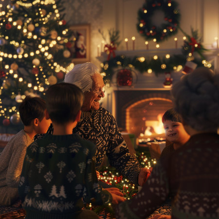 Grandmother and grandchildren sitting by the fireplace in the room decorated for Christmasの素材