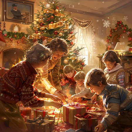 Happy family opening Christmas presents at home. Mother, father and their children.の素材