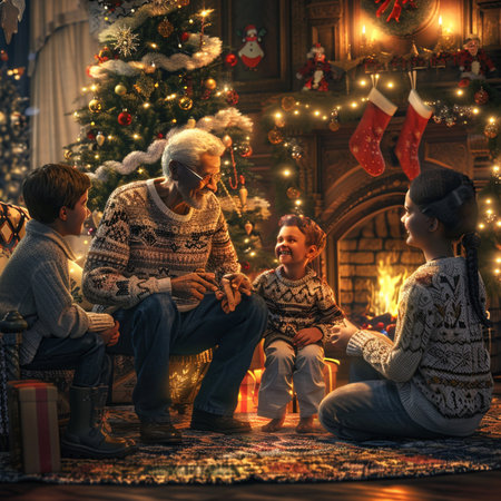 Happy family sitting in front of a fireplace at home with Christmas tree.の素材