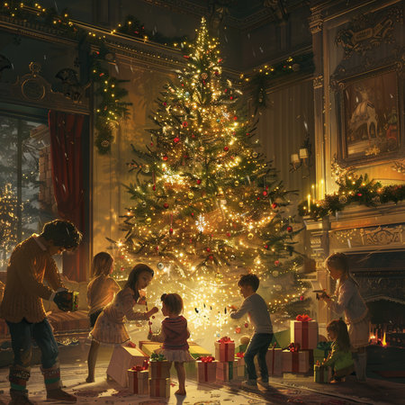 Happy family with children decorating a Christmas tree in the living room.の素材