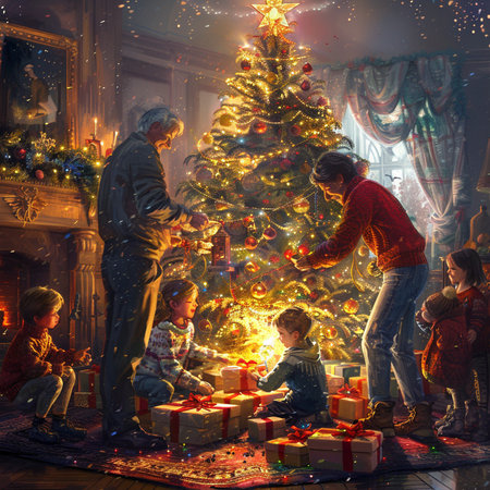 Happy family with children decorating a Christmas tree at home. Holiday concept.の素材