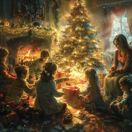 Merry Christmas and Happy New Year! A family with children is sitting by the fireplace in the evening at home.の素材