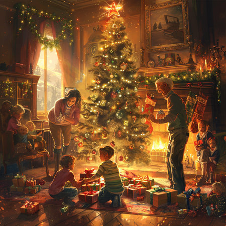 Happy family near the Christmas tree at home. Christmas and New Year concept.の素材
