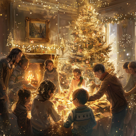 Happy family with children near Christmas tree in the living room at homeの素材