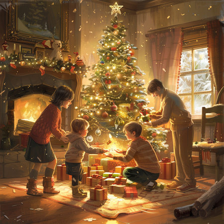 Happy family decorating a Christmas tree in a cozy living room.の素材