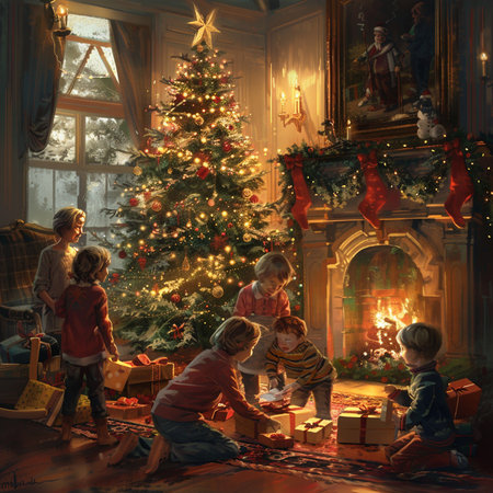 Children opening Christmas presents by the fireplace in a cozy living room.の素材