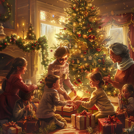 Happy family with children opening Christmas gifts at home near the Christmas tree.の素材