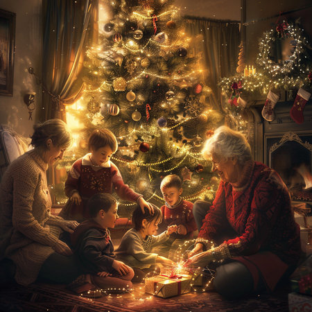Happy family sitting near the Christmas tree and exchanging gifts at home.の素材