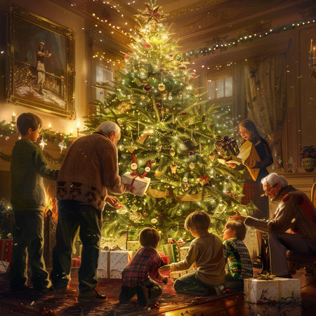 Happy family decorating Christmas tree in living room at home. Christmas and New Year concept.の素材