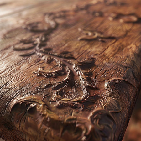 Wooden table with carved pattern. Close-up. Selective focus.の素材