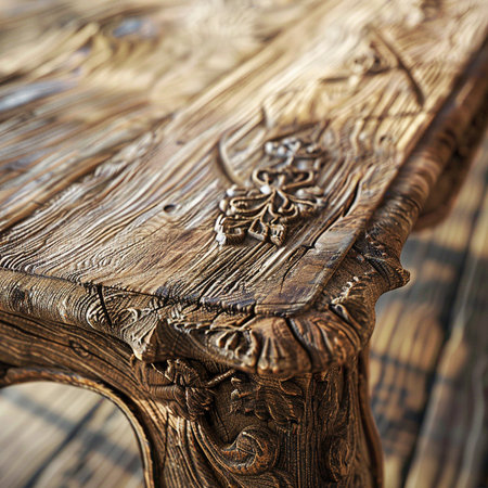 Wooden table with carved ornament. Close-up. Selective focus.の素材