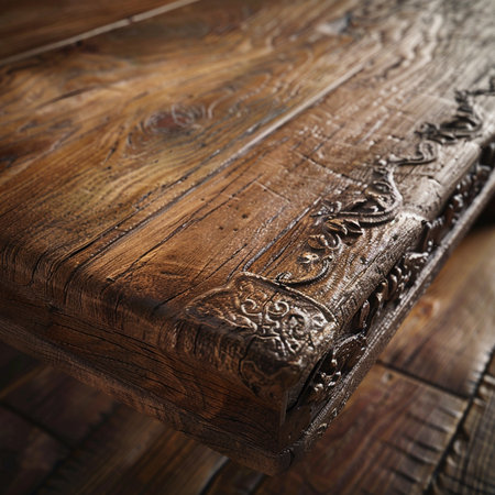 Wooden background. Close-up image of an antique wooden table.の素材