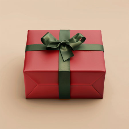 Red gift box with green bow on beige background. 3d renderの素材