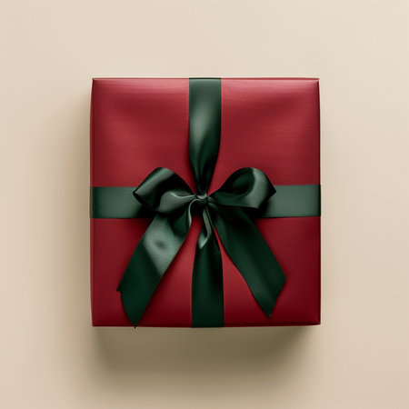 Red gift box with green bow on beige background, top viewの素材