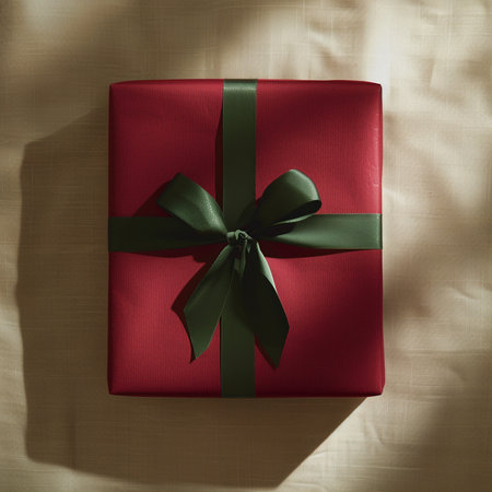 Red gift box with a green bow on a beige background.の素材